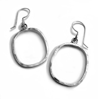 OAK $85-sterling silver earrings of rounded rectangles with hammered surfaces and sanded edges (1 1/4" long not including ear wire) OAK $85-sterling silver earrings of rounded rectangles with hammered surfaces and sanded edges (1 1/4" long not including ear wire)